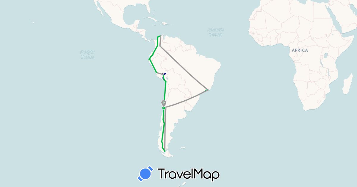 TravelMap itinerary: driving, bus, plane, hiking, boat, hitchhiking in Argentina, Brazil, Chile, Colombia, Ecuador, Peru (South America)